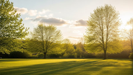 A vibrant green meadow bathed in warm sunlight, with tall trees casting long shadows across the grass under a partly...の素材