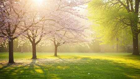 A serene spring park scene with blooming cherry trees bathed in warm sunlight and gentle falling petals.の素材
