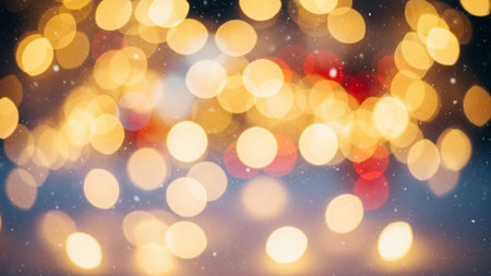 Soft golden yellow and red bokeh lights with falling snow create a warm, magical, and festive atmosphere.の素材