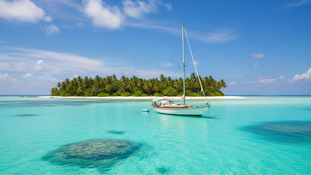 A white sailboat floats in crystal clear turquoise water near a tropical island covered in lush palm trees under a...の素材