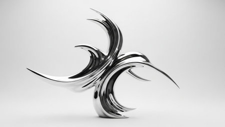 An abstract, fluid metallic sculpture with swirling organic shapes and a highly polished, reflective surface is...の写真素材