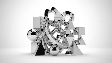 A complex 3D abstract sculpture made of polished chrome geometric shapes like spheres, cubes, and...