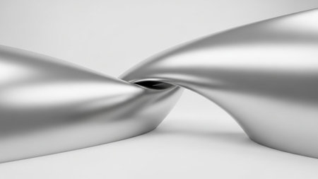 An abstract metallic sculpture with smooth, flowing curves and highly reflective surfaces is...
