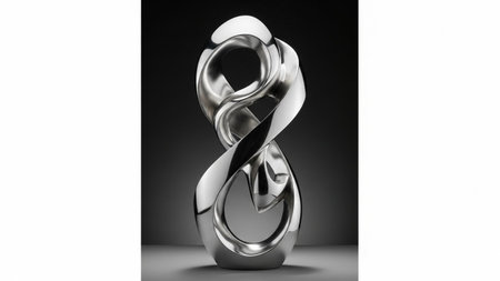 A highly polished silver abstract sculpture with a fluid, twisting infinity shape, dramatically lit...
