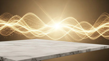 Surface showing abstract golden energy waves and particles over a marble surface. resolution