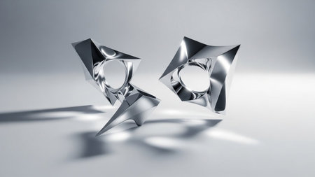 Two abstract geometric sculptures made of polished silver with sharp, angular edges and reflective surfaces, casting...の写真素材