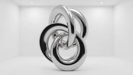 Interlocking showing abstract metallic silver interlocking rings sculpture in a white studio with spotlights and...の写真素材