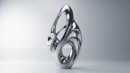 An abstract sculpture made of polished chrome swirling intertwined loops with a highly reflective...