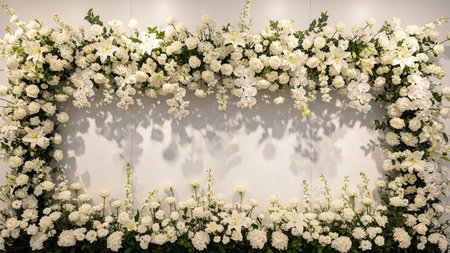 An abundant cascade of white roses, lilies, and orchids with green foliage arranged against a clean...
