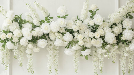 Greenery showing abundant white floral arrangement with cascading greenery against a white wall. resolution...の写真素材