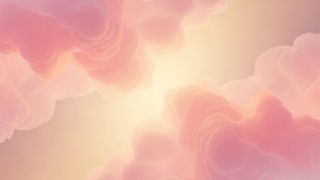 Abstract swirling forms of soft pink and yellow clouds with gentle edges, illuminated by a bright...