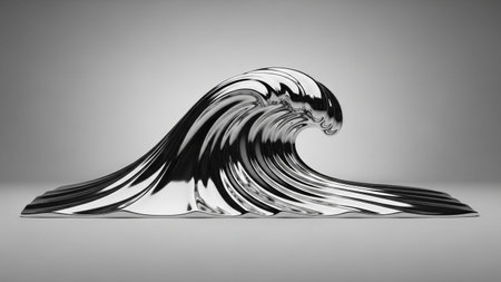 Surface showing abstract metallic sculpture of a crashing wave with a highly reflective polished chrome surface....の写真素材