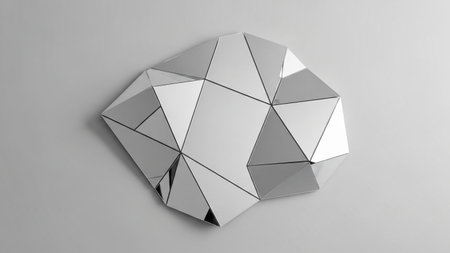 An abstract geometric sculpture with sharp angles and reflective silver surfaces is displayed...
