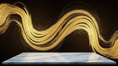 A white marble countertop with a dramatic swirling golden brushstroke texture is presented against a...
