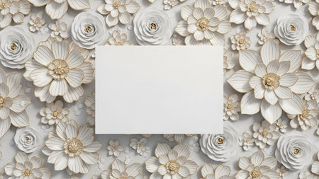 A blank white card is centered within a detailed arrangement of white and gold paper flowers on a textured grey surface.の写真素材