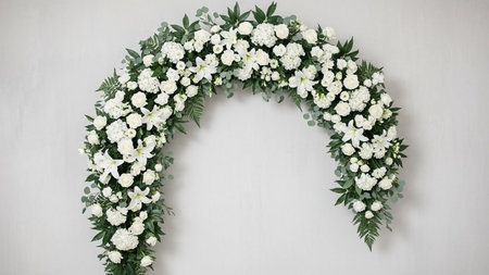 A symmetrical archway constructed from numerous white flowers and green leaves, set against a clean white backdrop.の写真素材
