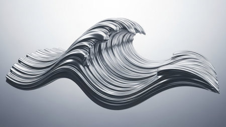 A dynamic, fluid sculpture of a breaking ocean wave is rendered in polished metallic silver with a...