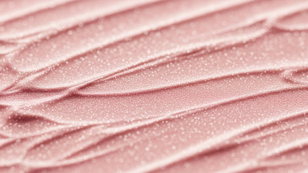 A close-up macro view of textured pink cosmetic cream with visible wavy brush strokes and fine shimmering glitter...の写真素材