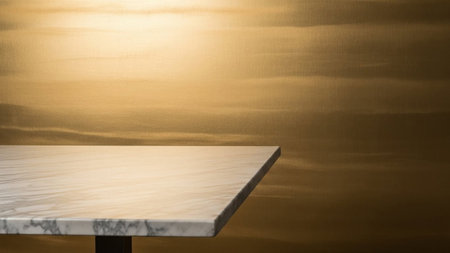 151526 showing close-up of a polished white marble tabletop with veining against a textured gold...