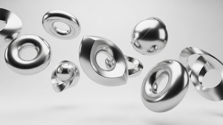 Polished chrome torus shapes and spheres are suspended in a clean, minimalist studio with soft...