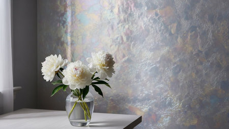 White peonies in a clear glass vase sit on a white table against a shimmering, iridescent textured wall.の写真素材