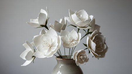 A bouquet of delicate white paper flowers with intricate petals is arranged in a textured ceramic vase against a...の写真素材
