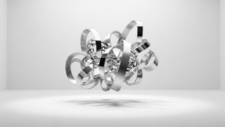 Geometric showing intricate silver abstract sculpture with intertwined ribbons and geometric core on...