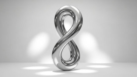 Glossy showing gleaming silver infinity symbol sculpture with reflective surfaces and dramatic spotlight...の写真素材