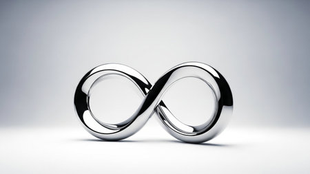 A polished silver infinity symbol is centrally positioned on a smooth, light grey studio background with subtle...の写真素材