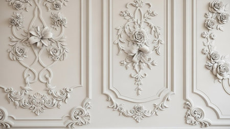 An intricate 3D rendered white wall panel detailed floral motifs and scrollwork in bas-relief carving, creating an...の写真素材