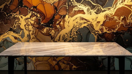 Texture showing marble tabletop in front of a richly colored abstract ink wash background with gold accents...の写真素材