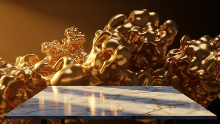 Abstract golden molten forms with a glossy sheen are dramatically lit, with a marble tabletop in the foreground...の写真素材