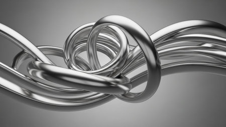 Intertwined shiny silver metal wires forming complex knots and curves against a smooth gray gradient background.の写真素材