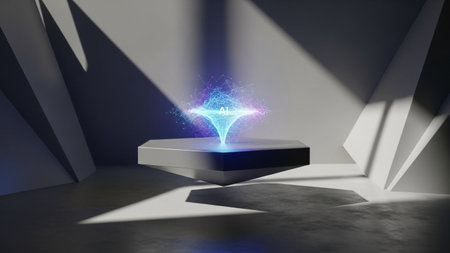 Room showing holographic ai network displayed on a futuristic hexagonal platform in a dimly lit...