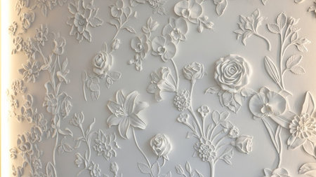 Orchids showing intricate white floral bas-relief sculpture with roses lilies orchids and leaves covering a wall...の写真素材