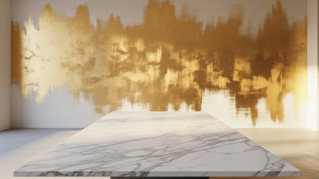 Marble showing marble tabletop in front of a textured gold and white wall. resolutionの写真素材