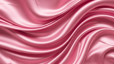 Soft pink satin fabric drapes in folds, displaying a smooth, lustrous texture with subtle highlights and shadows.の写真素材