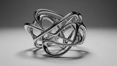 A complex polished chrome abstract sculpture with smooth, flowing organic curves is centered on a...