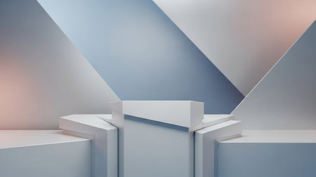 A minimalist geometric stage podium with angular facets and sharp lines is illuminated by soft pastel lighting...の写真素材