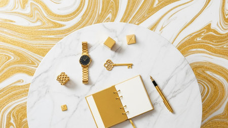 showing gold and white flat lay with watch, key, notebook, and pen. resolution