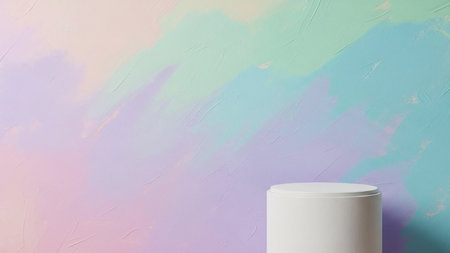 A white cylindrical podium is placed against an abstract painted wall featuring soft pastel colors...
