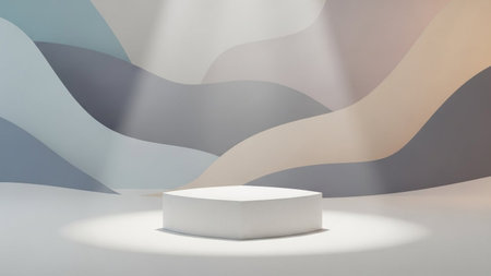 A simple white geometric podium is softly lit by spotlights against a backdrop of flowing pastel waves.の写真素材