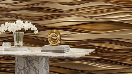 A marble table holds a glass vase of white orchids and a gold abstract sculpture against a textured...