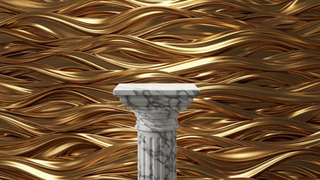 A classic marble column pedestal stands against a richly textured background of flowing, rippling...
