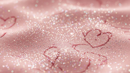 A close-up macro view of soft pink fabric covered in glitter sparkles and subtle heart outline...