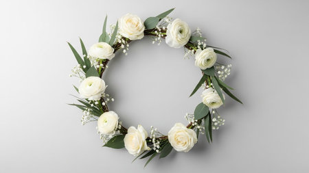 A circular wreath composed of delicate white ranunculus flowers and green eucalyptus leaves is presented from an...の写真素材