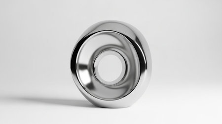 Surface showing polished silver metal sphere with concentric rings and reflective surface.の写真素材