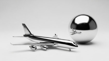 A polished chrome airplane model and a reflective sphere sit on a clean white studio background.の写真素材