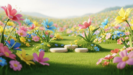 Meadow showing whimsical 3d rendered meadow with colorful flowers and small display podiums under a bright sky.の写真素材