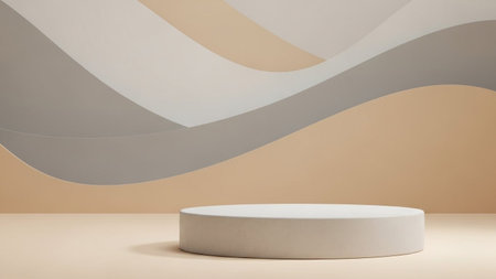 Texture showing minimalist beige and gray curved background with a simple white cylindrical display platform...の写真素材